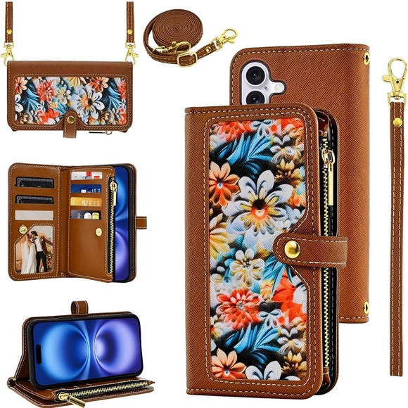 iPhone 16 6.1” Case Wallet Case Floral Wristlet Brown Card Holder Phone OC1 - Picture 1 of 7